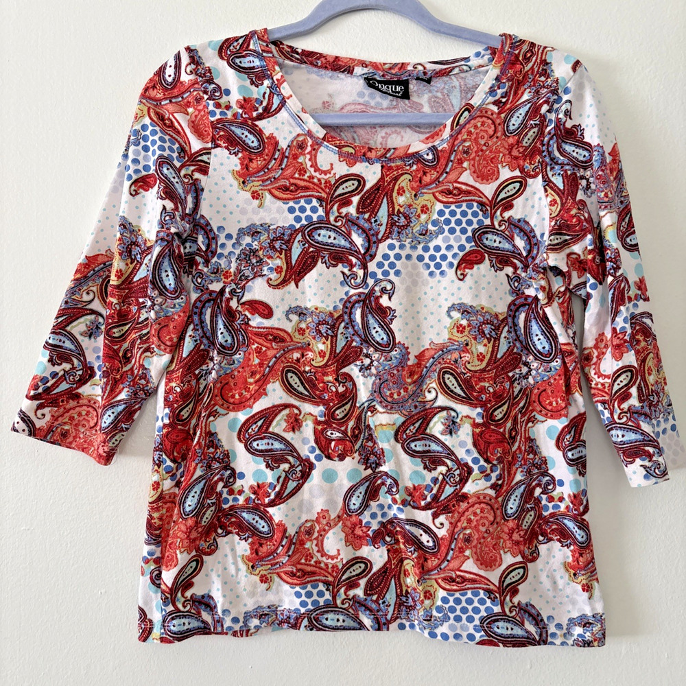 Onque Casual Paisley Colorful Knit Round Neck Top 3/4 Sleeve Size PS